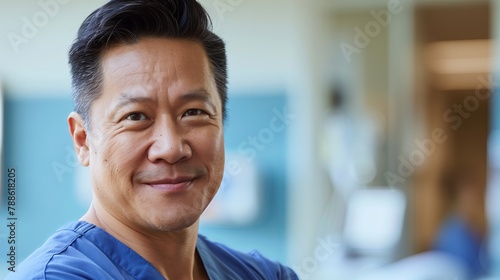 modern friendly asian man doctor in scrubs, smiling slightly, head shot in modern White and blue