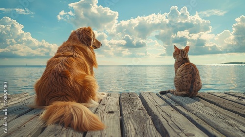 Fluffy golden retriever and a tabby cat sitting together on a wooden dock overlooking a calm lake