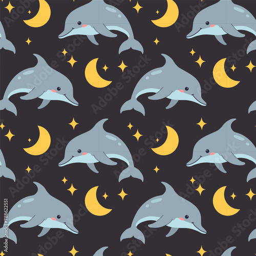 Cute vintage children's pattern with a dolphin, crescent and stars on a black background. Design for wallpaper, nursery, bedroom, wrapping paper, textile, etc. Vector illustration