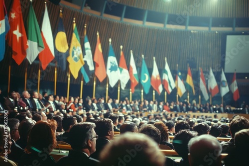 United Nations assembly, diverse representatives, global discussion, cooperation, flag display