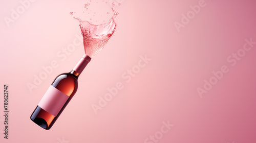 Bouteille et verre de rosé sur un fond rose pâle. Boisson, alcool, fête. Vin rosé. Pour conception et création graphique. 
