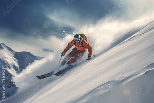 Serene Skier mountains snow. Jump sun action. Generate Ai