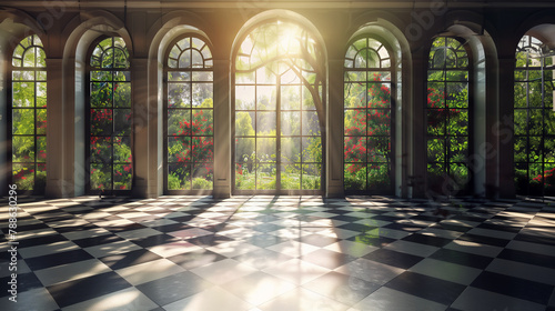 Sunlight streaming through grand arched windows onto glossy marble floor of an elegant medieval classic interior. Generative AI