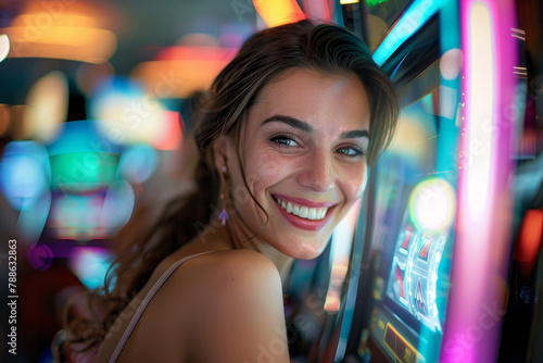 A detailed view of a cheerful woman at a casino, her eyes filled with anticipation as she pulls the lever of a slot machine.