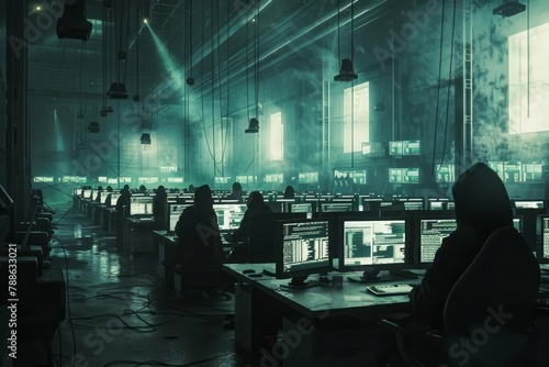 Cyber troll factory, rows of computers, online manipulation, shadowy figures