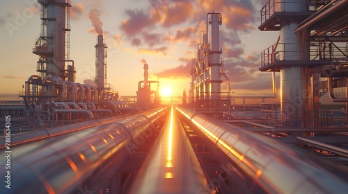 Industrial Sunset: Gleaming pipelines at a refinery with towering distillation columns. Modern energy production meets golden hour beauty. Perfect for technology and industry themes. AI