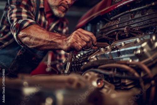 Auto technician fine-tuning an engine with a wrench