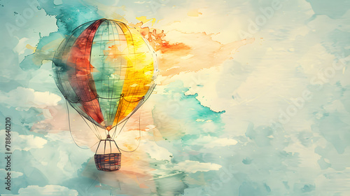 watercolor abstract painting of a hot air balloon flying in the sky in green and yellow colors 