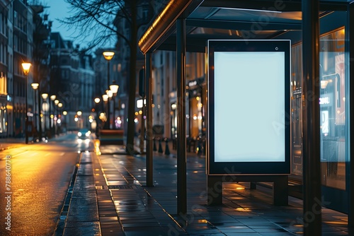 Blank mockup of an advertisement on a bus stop in the city