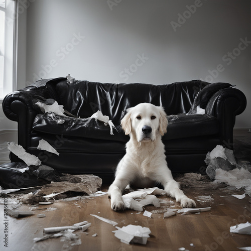 Biały pies i zniszczona czarna sofa