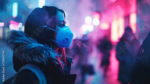 Futuristic city have air pollution , people wearing mask because of bad air .