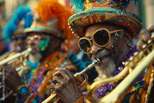 Mardi Gras in New Orleans, masks, beads, jazz bands, lively processions