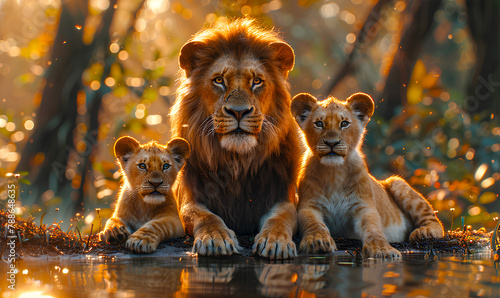 Family of lions lying by the river on the background of the forest, wildlife