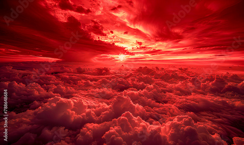 Red sky with clouds. Fiery red sunset background with copy space for design