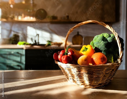 Warzywa w koszyku na kuchennym blacie. Nowalijki. Zdrowe ekologiczne jedzenie. Kulinarne tło