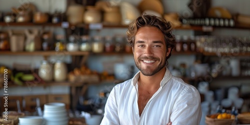 Handsome man standing confidently in a successful modern cafe, smiling.