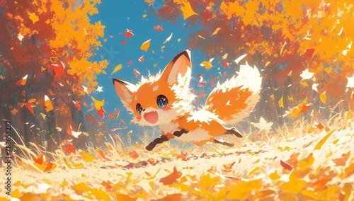 A cute fox playfully chasing leaves in the park, bathed in the style of golden sunlight