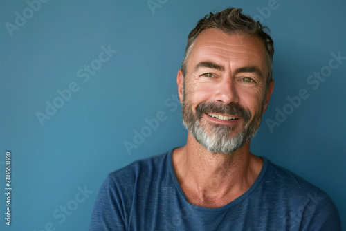 A man with a beard is smiling in front of a blue wall