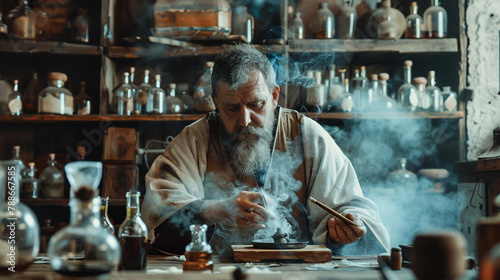 A medieval magician and sorcerer prepares a smoky potion in his laboratory.