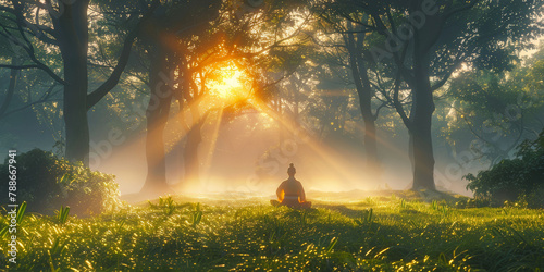 Individual meditating in a misty forest with sunbeams shining through trees