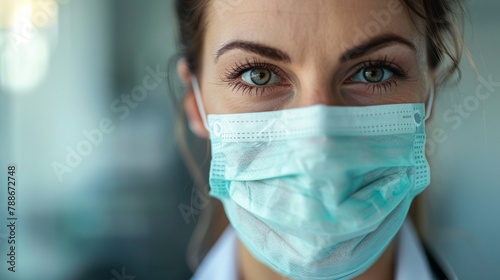 The face of a young female doctor in a blue mask.