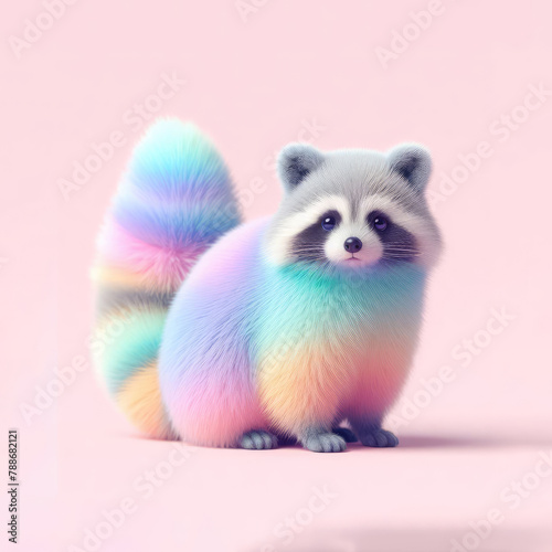 A cute, bewildered little raccoon with fur in pastel colors.