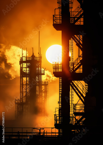 Industrial factory, processing or manufacturing plant silhouette with smoke above against morning orange sky. Generative AI
