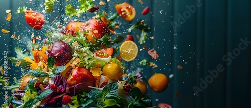 Suspended Feast of Excess: A Dance of Wasted Abundance. Concept Performance Art, Food Waste, Exaggerated Consumption, Reflection on Society, Surreal Display