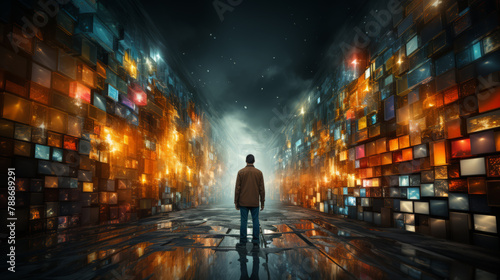 Man in futuristic cityscape with illuminated cubes