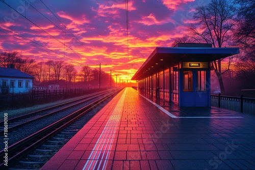 A train platform during a vibrant sunset, with colorful hues painting the sky
