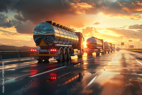 Several fuel tanker truck on the road with sunset