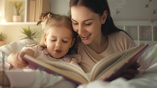 mother and child daughter reading book in bed before going to sleep at night