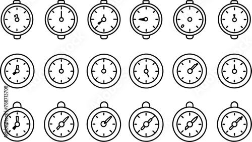 set of different type time clocks thin line icons. flat icon