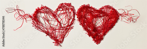 two hearts embroidered with red threads on white background (3)