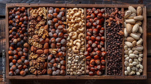 A variety of nuts arranged elegantly on a wooden table, showcasing their rich textures and ea