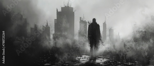 a black shadowy man walking through malevolent city, black and white photo