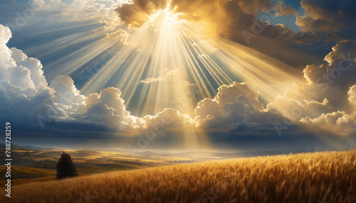 golden clouds parting with radiant sunbeams, evoking serenity and spiritual enlightenment