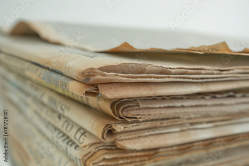 candid close-up showcasing the worn edges and faded print of old newspapers stacked together, against a white background, inviting viewers to explore the stories and headlines of t