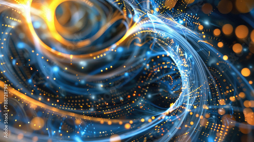 A dynamic digital artwork featuring swirling lines and sparkling lights creating a futuristic vortex effect