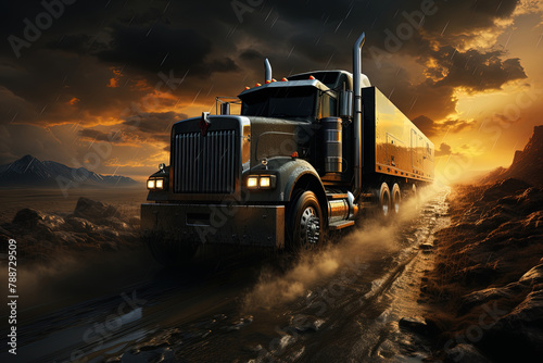 A heavy-duty semi truck maneuvers along a dusty dirt road, kicking up clouds of earth as it carries out its transportation duties