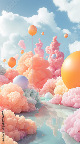 Surreal candy-colored cloudscape with floating balloons - ideal for whimsical background or fantasy-themed design