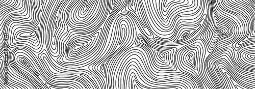 Black and white hand drawn wood annual rings texture. Wood grain texture. White vector background with wooden fibers. Wavy contour of wood trunk rings. Swirl pattern. Deformed curved lines.