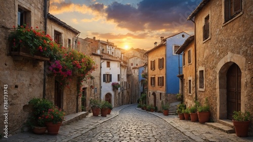 Sun sets over charming european village, casting warm glow on cobblestone street, colorful buildings. Vibrant flowers spill from window boxes, terracotta pots lining narrow street.