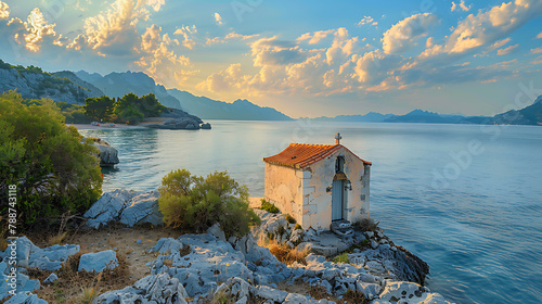 Morning light illuminates a quaint Greek chapel, nestled amidst scenic surroundings, evoking serenity and charm, perfect for cultural, travel, and religious themes