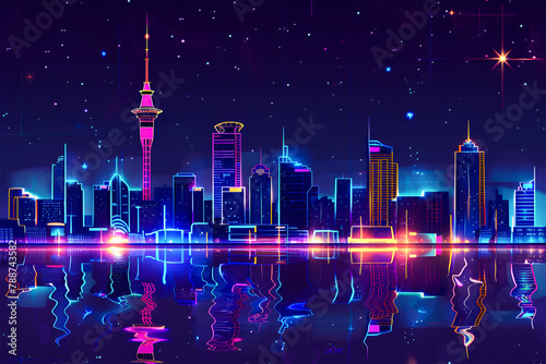 Auckland city neon lights night skyline vector outline glowing