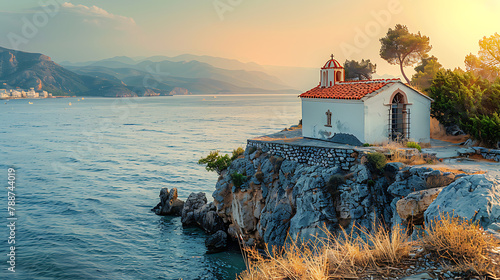 Scenic Greek chapel by seaside at sunrise, tranquil ambiance, coastal beauty, religious architecture, golden hour glow, serene Mediterranean landscape, idyllic Greek island scene