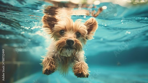 A cute yorkshire terrier swimming in a big empty pool