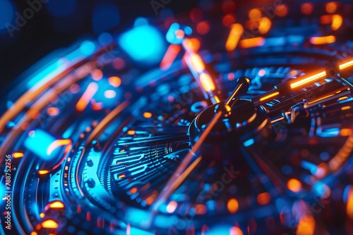 Close-up of a clock with blue and orange lights. Abstract background.