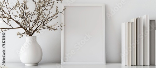 Display a white picture frame and dried twigs in a vase on a bookshelf or desk. The color scheme is mostly white.