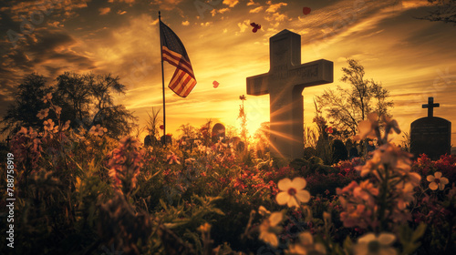 A golden hour scene at a military cemetery, a large cross with an American flag positioned against a backdrop of colorful blossoms and fluttering flags.